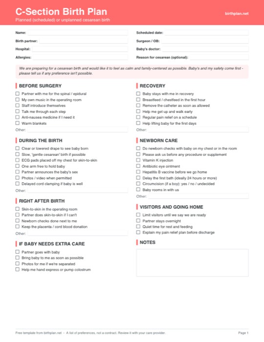 Preview of the free printable c-section birth plan template