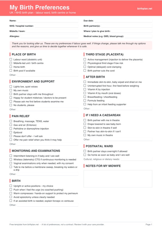 Preview of the free printable uk birth preferences template